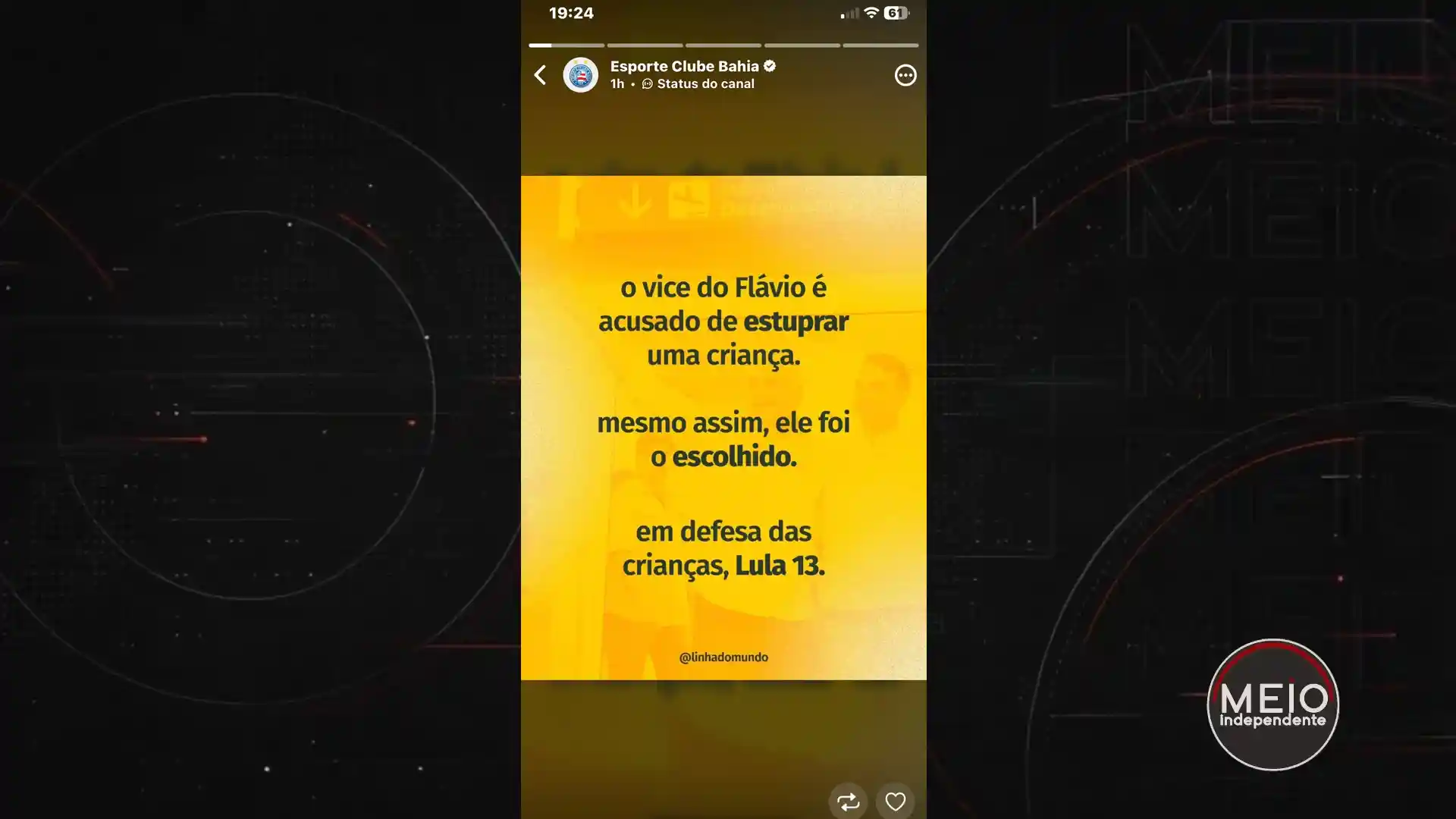 Imagem de Canal oficial do Bahia publica ataque a Flávio e acusação contra Gaspar já arquivada pelo STF