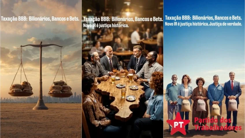 Nas imagens, trechos das campanhas do PT pedindo mais imposto dos “super-ricos”