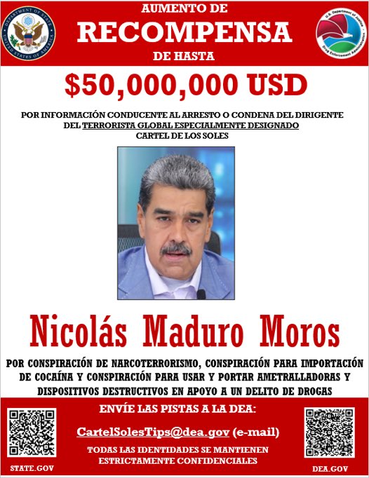 Imagem de EUA dobram recompensa por captura de Nicolás Maduro, acusado de narcoterrorismo