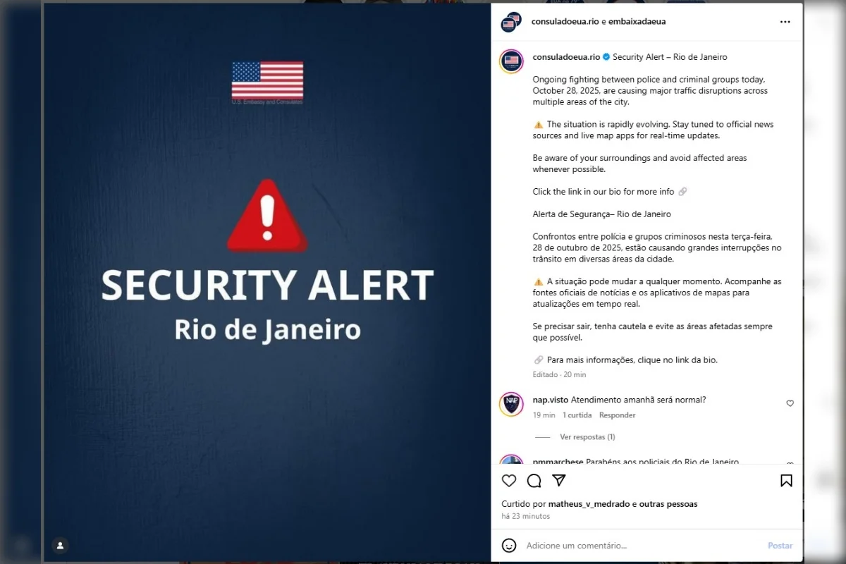 Imagem de Embaixada dos EUA emite alerta de segurança sobre confrontos no Rio de Janeiro