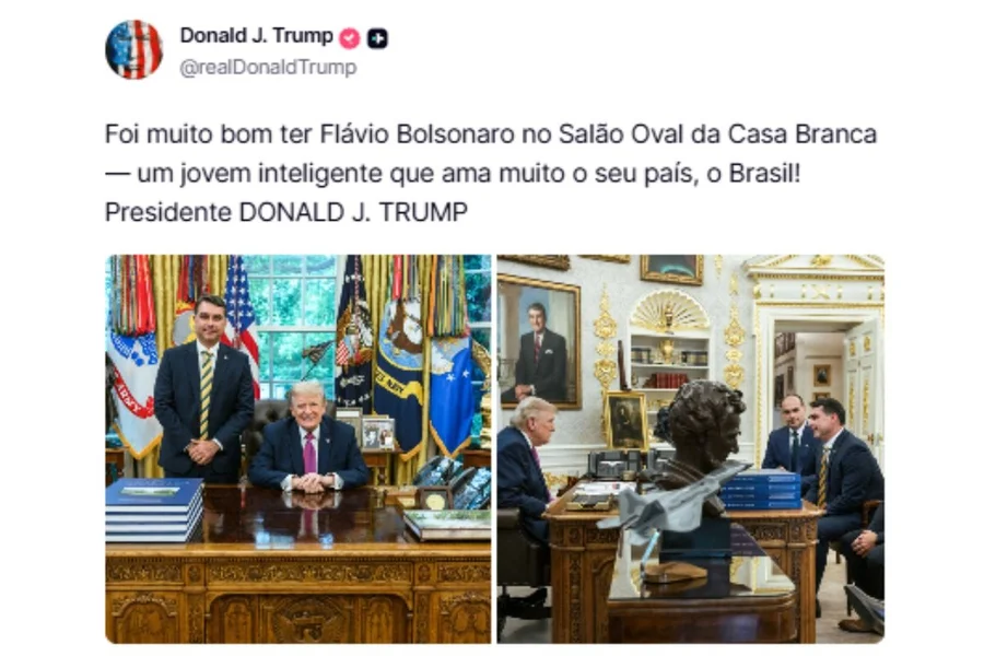 Imagem de Trump elogia Flávio Bolsonaro após encontro na Casa Branca: “Ama muito o seu país, o Brasil”
